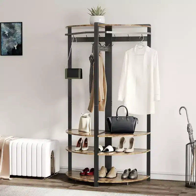 Perchero con 3 estantes de almacenamiento, 6 ganchos dobles y amplio estante de almacenamiento, perchero esquinero y perchero de piedra