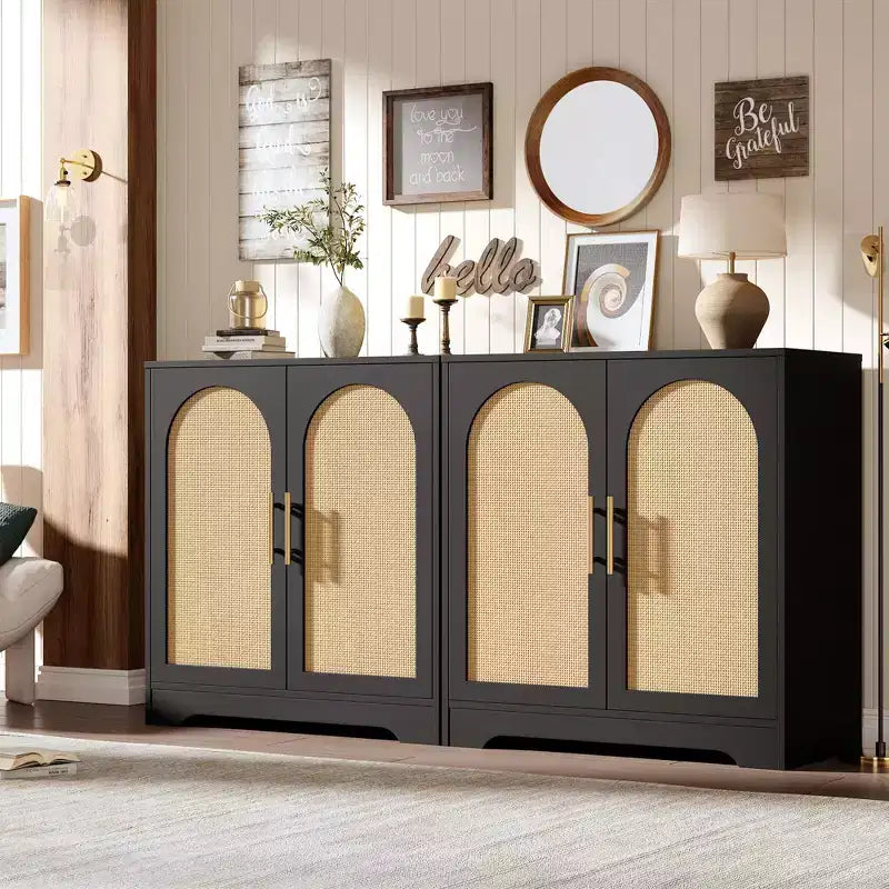 Aparador moderno con 2 puertas de ratán - Mesa consola/aparador con almacenamiento para sala de estar, comedor y recibidor