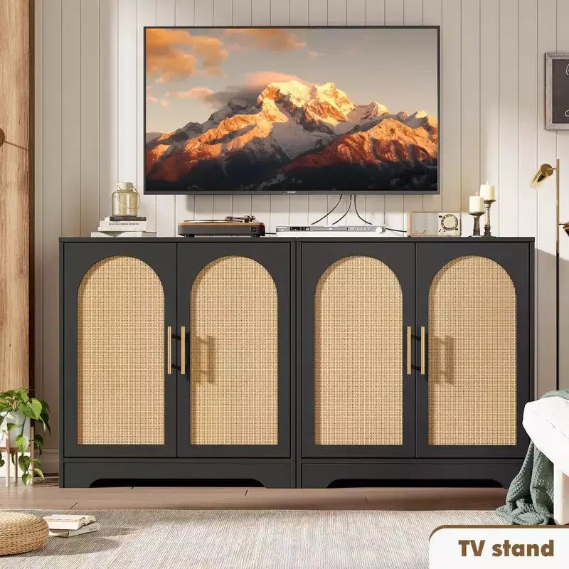 Aparador moderno con 2 puertas de ratán - Mesa consola/aparador con almacenamiento para sala de estar, comedor y recibidor