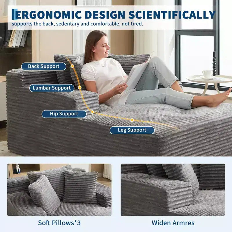 Sillón Chaise Lounge Grande 49", Sofá Cama Tapizado con 3 Almohadas, Sofá Individual sin Estructura para Sala de Estar Dormitorio, Gris