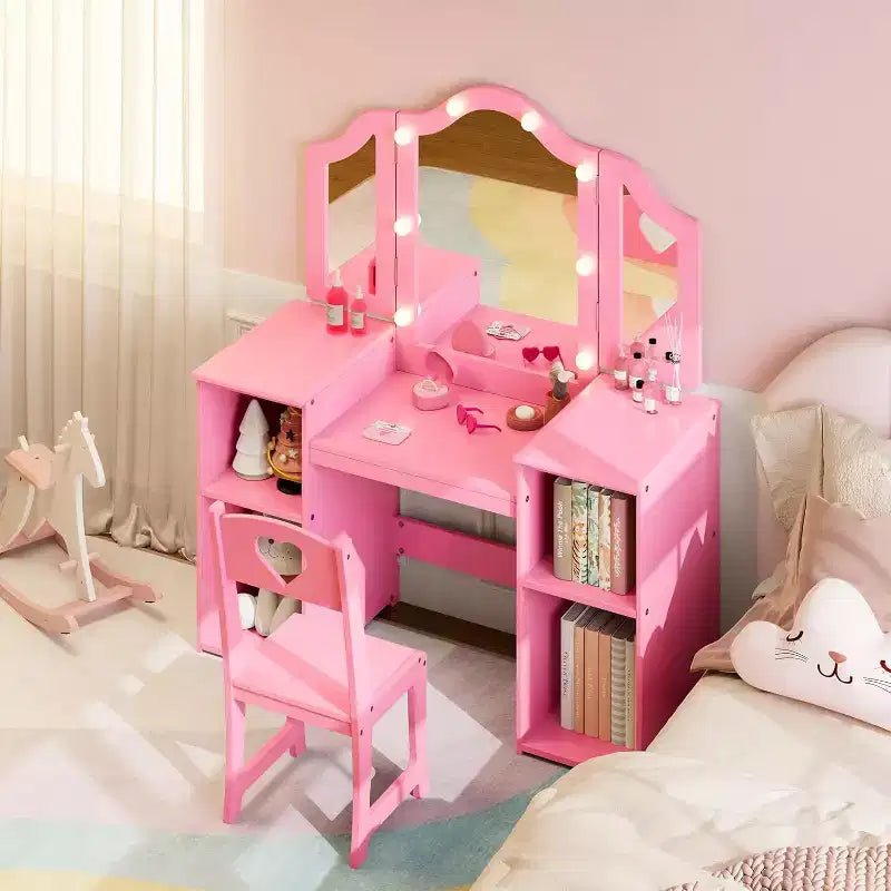 Juego de tocador infantil Garvee, escritorio y silla de maquillaje de princesa con luz táctil, espejo triple plegable desmontable, juego de tocador de juguete