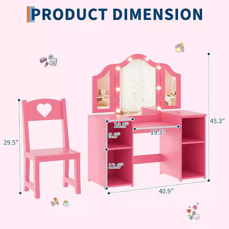Juego de tocador infantil Garvee, escritorio y silla de maquillaje de princesa con luz táctil, espejo triple plegable desmontable, juego de tocador de juguete