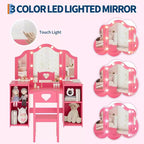 Juego de tocador infantil Garvee, escritorio y silla de maquillaje de princesa con luz táctil, espejo triple plegable desmontable, juego de tocador de juguete