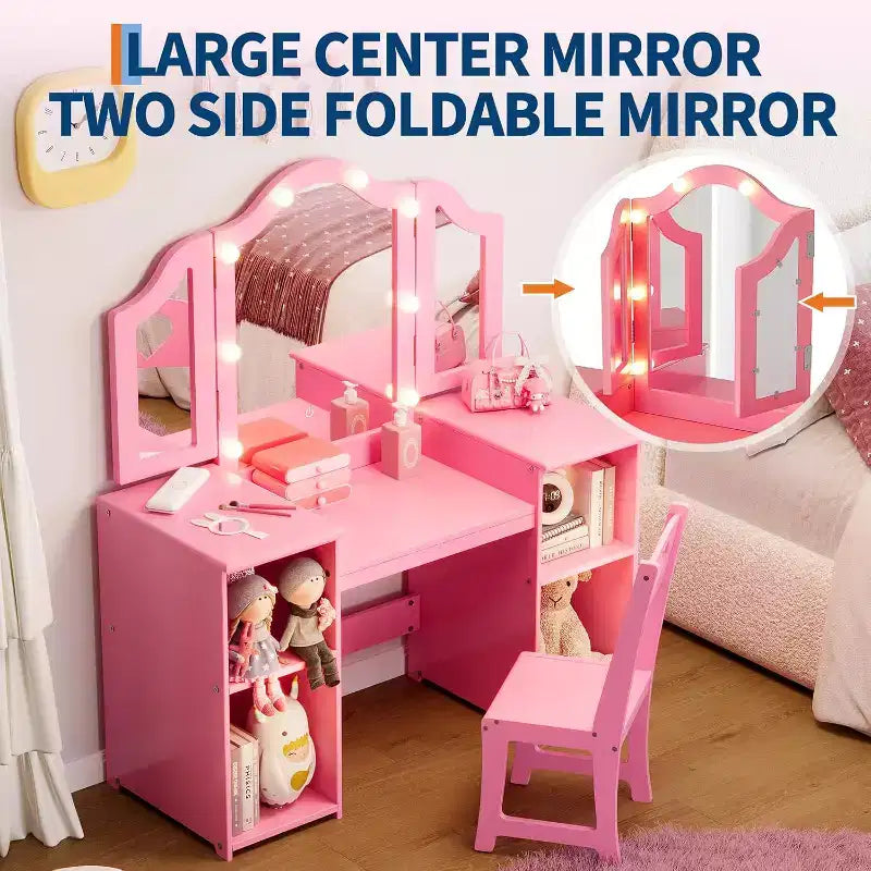 Juego de tocador infantil Garvee, escritorio y silla de maquillaje de princesa con luz táctil, espejo triple plegable desmontable, juego de tocador de juguete