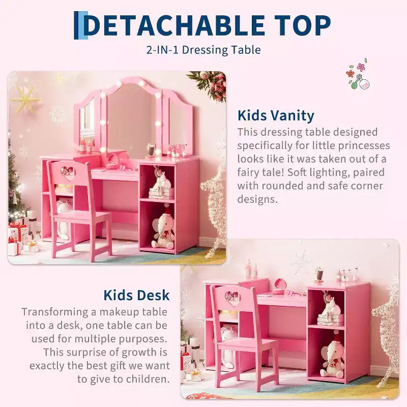 Juego de tocador infantil Garvee, escritorio y silla de maquillaje de princesa con luz táctil, espejo triple plegable desmontable, juego de tocador de juguete