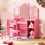 Juego de tocador infantil Garvee, escritorio y silla de maquillaje de princesa con luz táctil, espejo triple plegable desmontable, juego de tocador de juguete