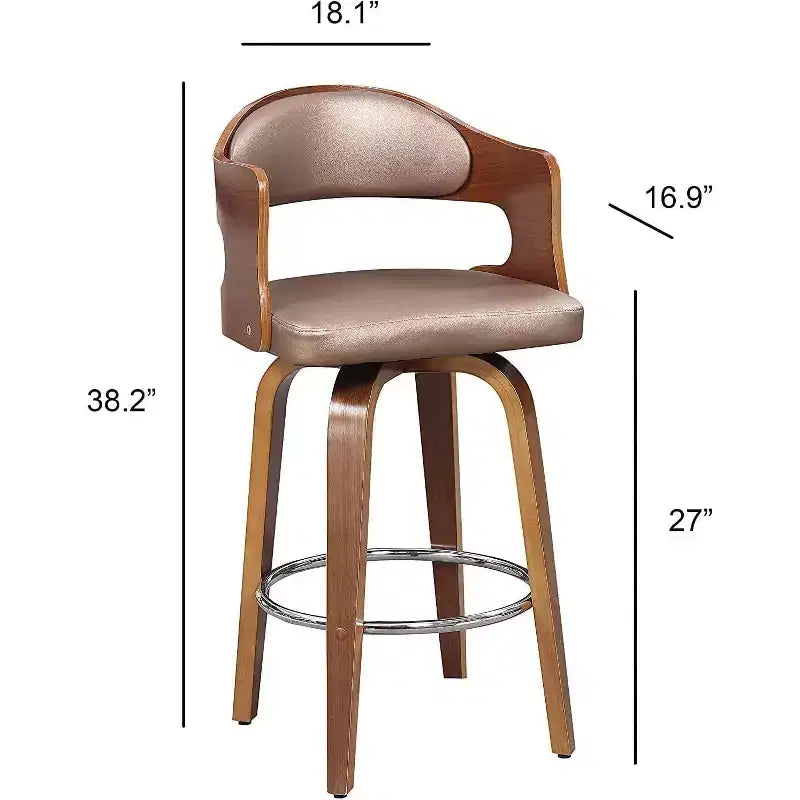 Taburetes de mostrador Okak de 27 pulgadas, 1 unidad, taburetes de bar giratorios de mediados de siglo con tapicería de piel sintética y estructura de madera, sillas de bar con detalles de cobre para cocina