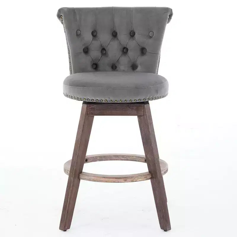 Taburetes de barra Okak de 26 pulgadas, juego de 2 con giro de 360 grados, taburetes de bar tapizados de terciopelo con respaldo capitoné y patas de madera para isla de cocina, barra de bar para el hogar