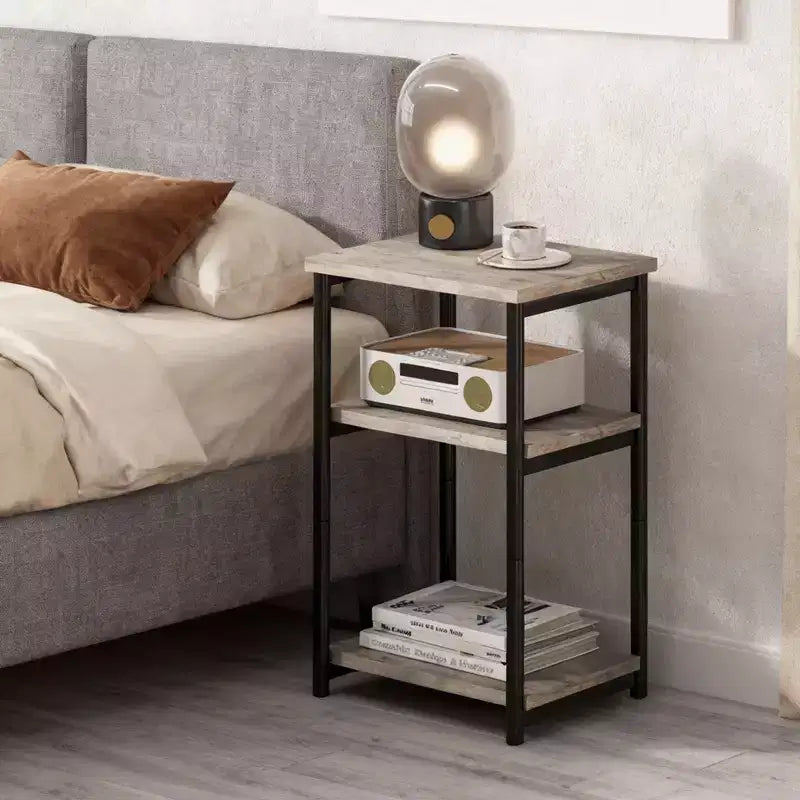 Mesa auxiliar de 3 niveles, mesa auxiliar alta con estructura de metal, mesas de sofá con almacenamiento para sala de estar, estante de almacenamiento de mesita de noche para dormitorio, baño