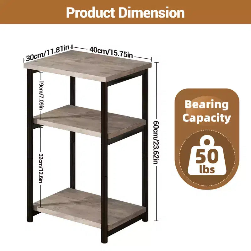 Mesa auxiliar de 3 niveles, mesa auxiliar alta con estructura de metal, mesas de sofá con almacenamiento para sala de estar, estante de almacenamiento de mesita de noche para dormitorio, baño