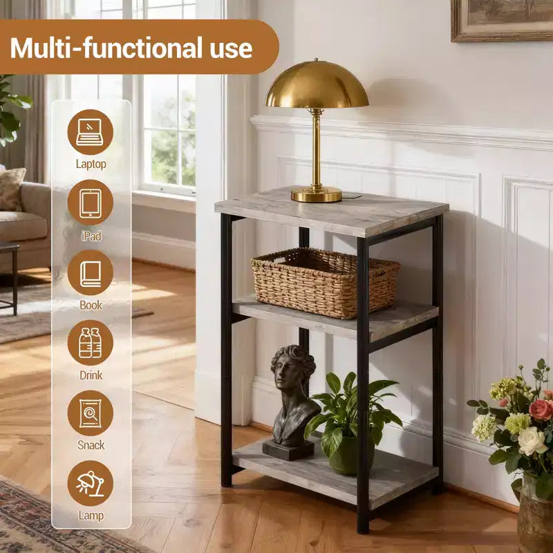 Mesa auxiliar de 3 niveles, mesa auxiliar alta con estructura de metal, mesas de sofá con almacenamiento para sala de estar, estante de almacenamiento de mesita de noche para dormitorio, baño
