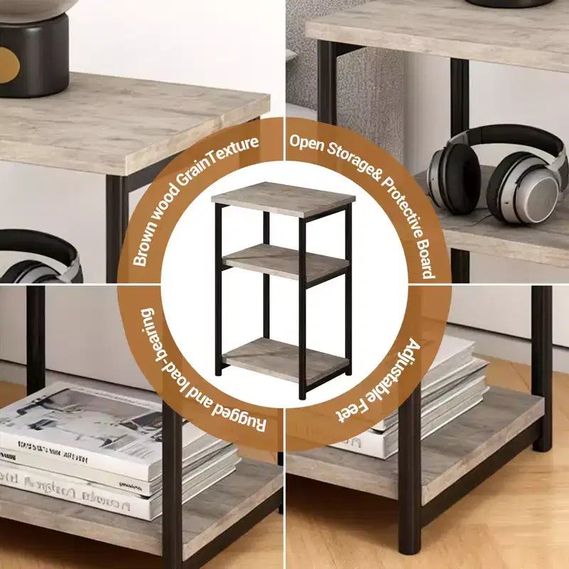 Mesa auxiliar de 3 niveles, mesa auxiliar alta con estructura de metal, mesas de sofá con almacenamiento para sala de estar, estante de almacenamiento de mesita de noche para dormitorio, baño