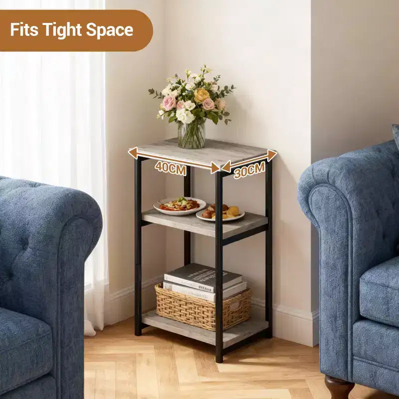 Mesa auxiliar de 3 niveles, mesa auxiliar alta con estructura de metal, mesas de sofá con almacenamiento para sala de estar, estante de almacenamiento de mesita de noche para dormitorio, baño
