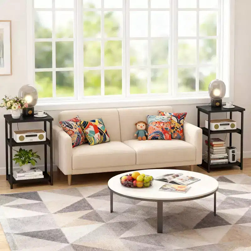 Mesa auxiliar de 3 niveles, mesa auxiliar alta con estructura de metal, mesas de sofá con almacenamiento para sala de estar, estante de almacenamiento de mesita de noche para dormitorio, baño