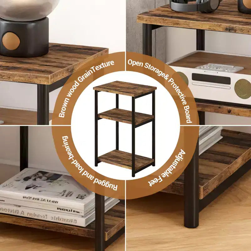 Mesa auxiliar de 3 niveles, mesa auxiliar alta con estructura de metal, mesas de sofá con almacenamiento para sala de estar, estante de almacenamiento de mesita de noche para dormitorio, baño
