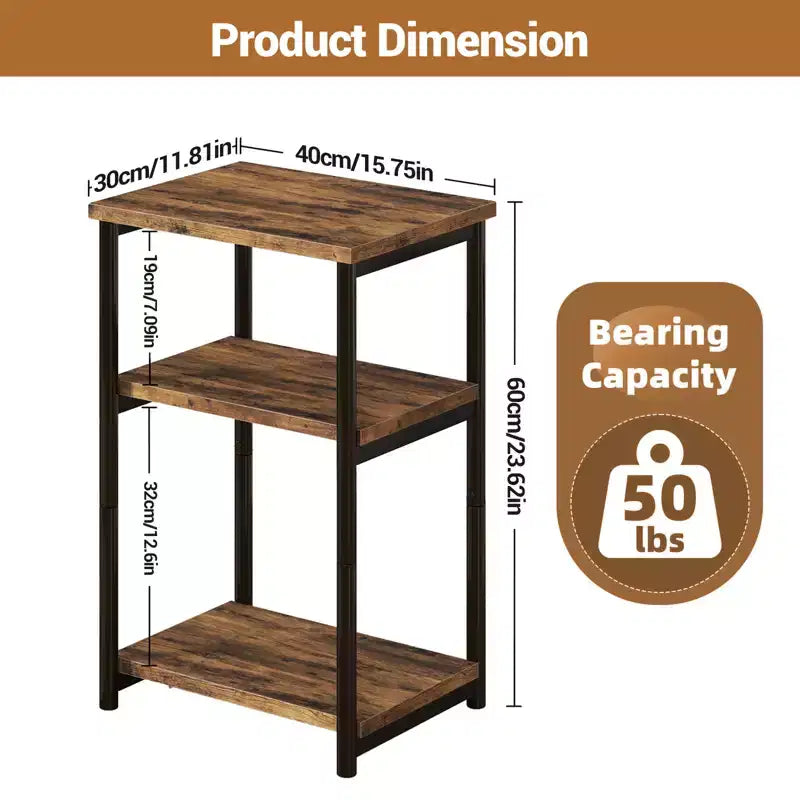 Mesa auxiliar de 3 niveles, mesa auxiliar alta con estructura de metal, mesas de sofá con almacenamiento para sala de estar, estante de almacenamiento de mesita de noche para dormitorio, baño