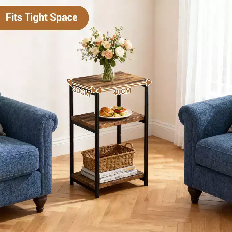 Mesa auxiliar de 3 niveles, mesa auxiliar alta con estructura de metal, mesas de sofá con almacenamiento para sala de estar, estante de almacenamiento de mesita de noche para dormitorio, baño