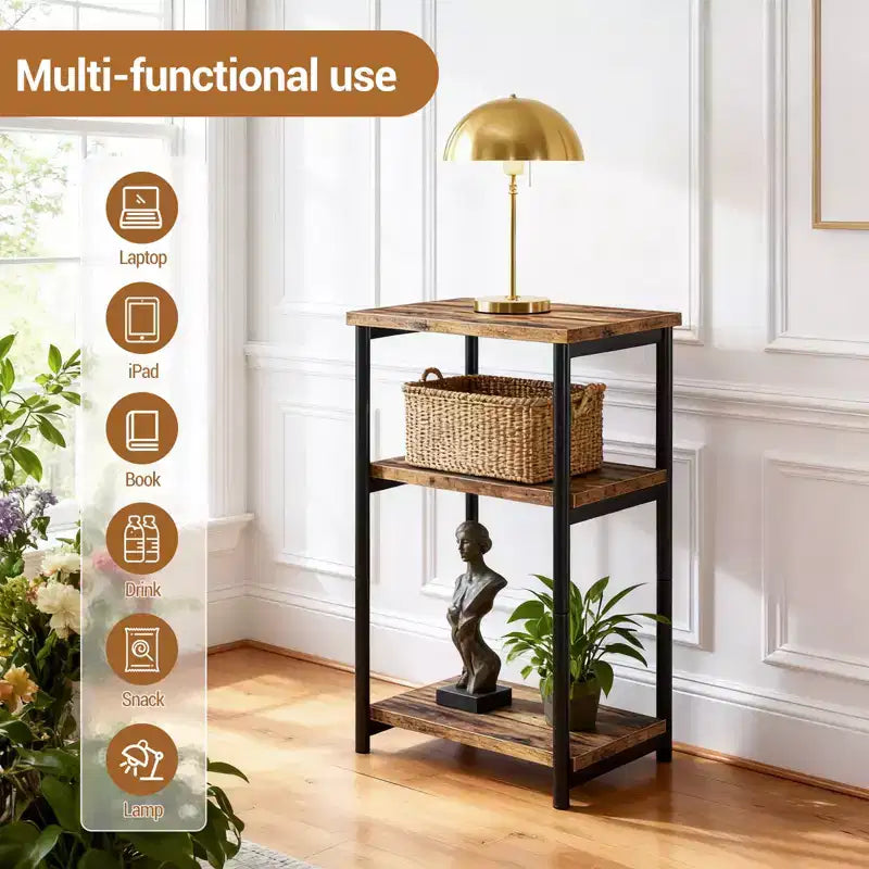Mesa auxiliar de 3 niveles, mesa auxiliar alta con estructura de metal, mesas de sofá con almacenamiento para sala de estar, estante de almacenamiento de mesita de noche para dormitorio, baño