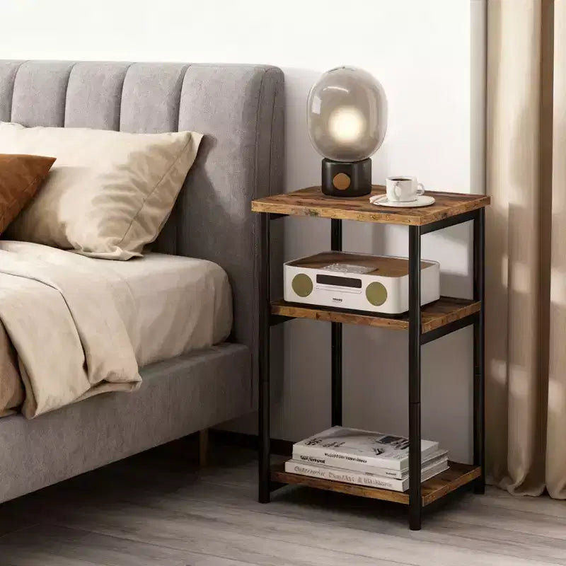 Mesa auxiliar de 3 niveles, mesa auxiliar alta con estructura de metal, mesas de sofá con almacenamiento para sala de estar, estante de almacenamiento de mesita de noche para dormitorio, baño