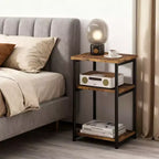 Mesa auxiliar de 3 niveles, mesa auxiliar alta con estructura de metal, mesas de sofá con almacenamiento para sala de estar, estante de almacenamiento de mesita de noche para dormitorio, baño