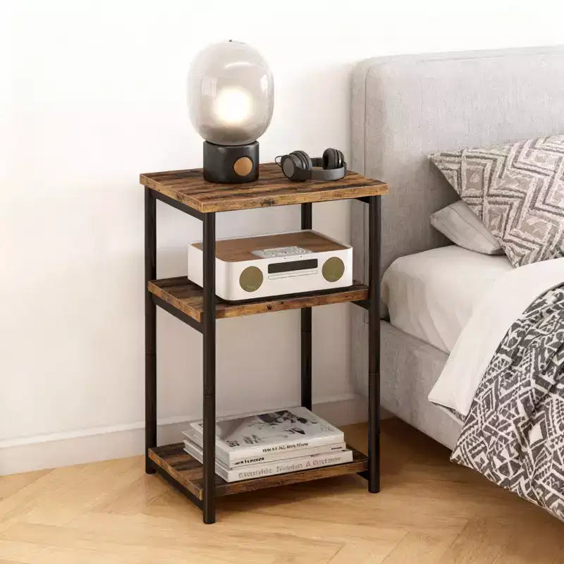 Mesa auxiliar de 3 niveles, mesa auxiliar alta con estructura de metal, mesas de sofá con almacenamiento para sala de estar, estante de almacenamiento de mesita de noche para dormitorio, baño