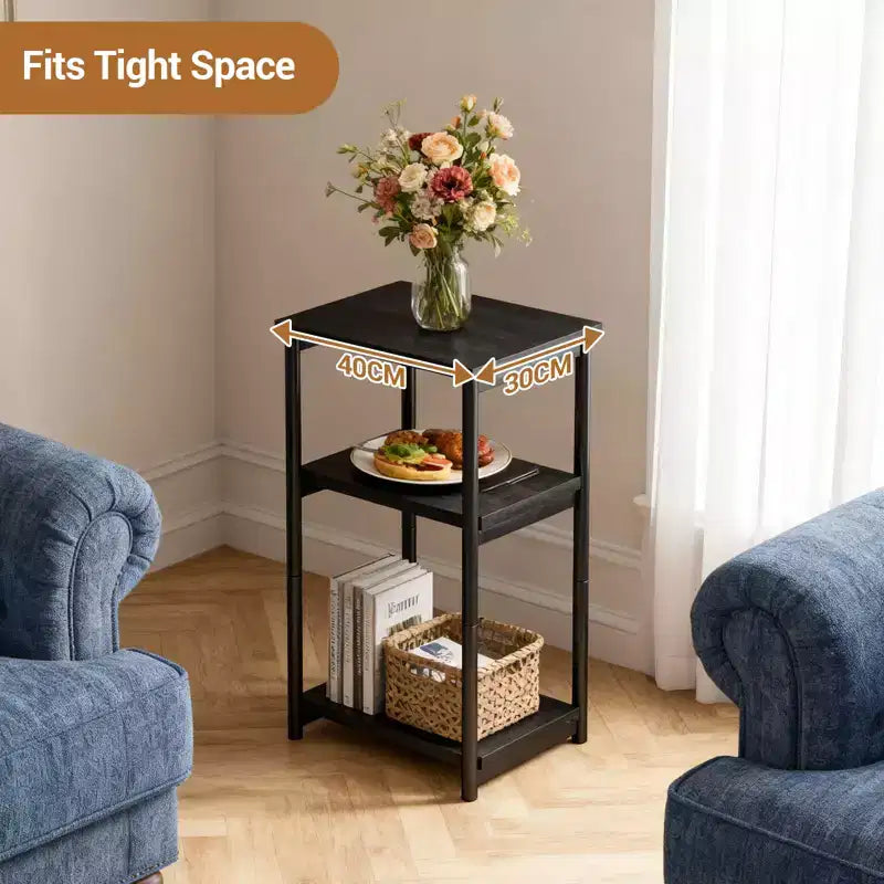 Mesa auxiliar de 3 niveles, mesa auxiliar alta con estructura de metal, mesas de sofá con almacenamiento para sala de estar, estante de almacenamiento de mesita de noche para dormitorio, baño