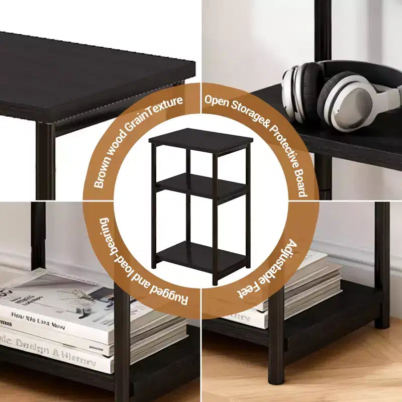 Mesa auxiliar de 3 niveles, mesa auxiliar alta con estructura de metal, mesas de sofá con almacenamiento para sala de estar, estante de almacenamiento de mesita de noche para dormitorio, baño