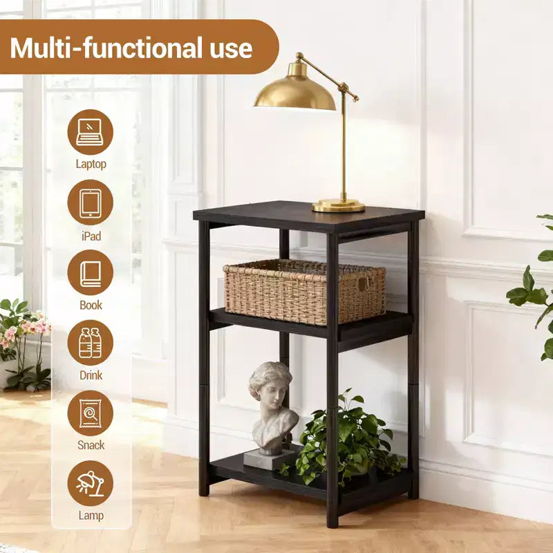 Mesa auxiliar de 3 niveles, mesa auxiliar alta con estructura de metal, mesas de sofá con almacenamiento para sala de estar, estante de almacenamiento de mesita de noche para dormitorio, baño