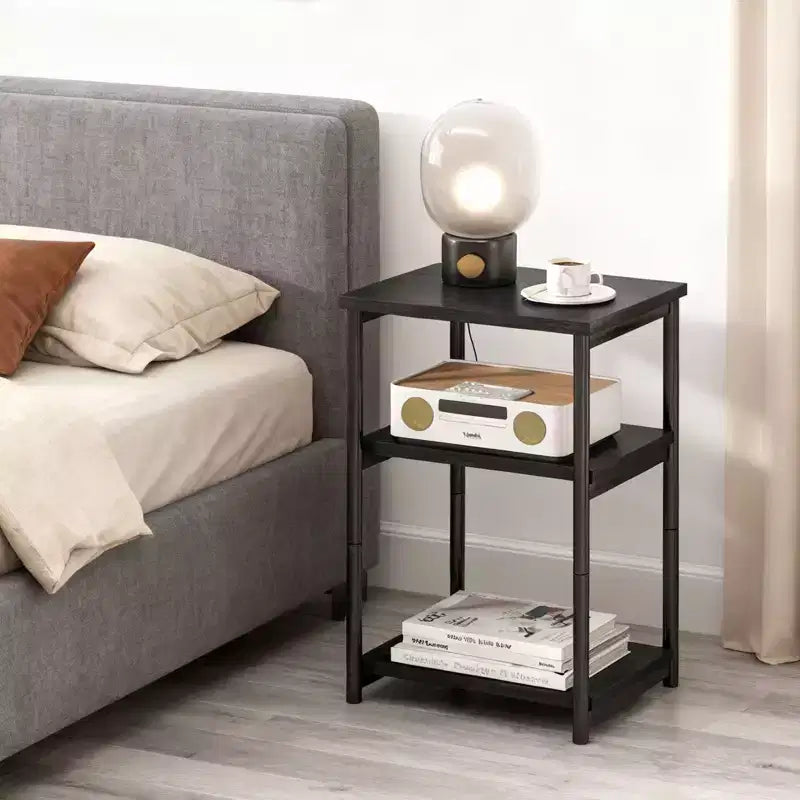Mesa auxiliar de 3 niveles, mesa auxiliar alta con estructura de metal, mesas de sofá con almacenamiento para sala de estar, estante de almacenamiento de mesita de noche para dormitorio, baño