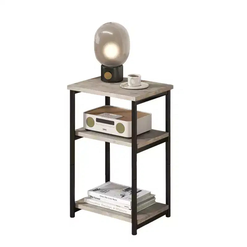 Mesa auxiliar de 3 niveles, mesa auxiliar alta con estructura de metal, mesas de sofá con almacenamiento para sala de estar, estante de almacenamiento de mesita de noche para dormitorio, baño