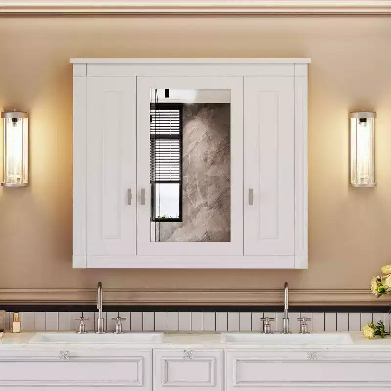 MAYEERTY 35 Armario de baño con botiquín con 5 estantes cerrados y ajustables Armario de almacenamiento de pared para baño con puertas de cristal blanco