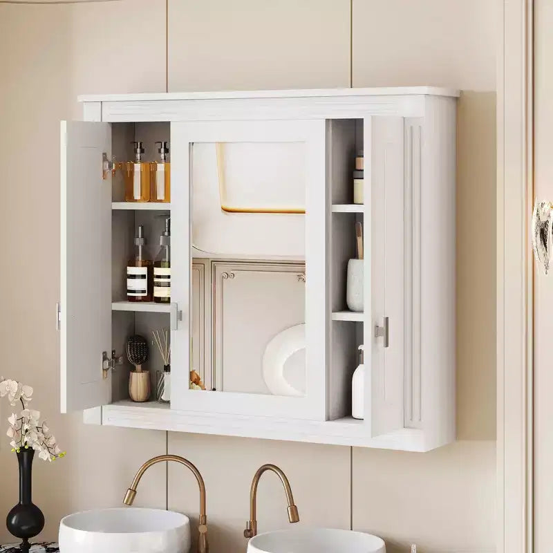 MAYEERTY 35 Armario de baño con botiquín con 5 estantes cerrados y ajustables Armario de almacenamiento de pared para baño con puertas de cristal blanco