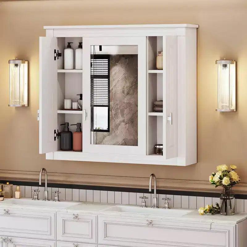 MAYEERTY 35 Armario de baño con botiquín con 5 estantes cerrados y ajustables Armario de almacenamiento de pared para baño con puertas de cristal blanco