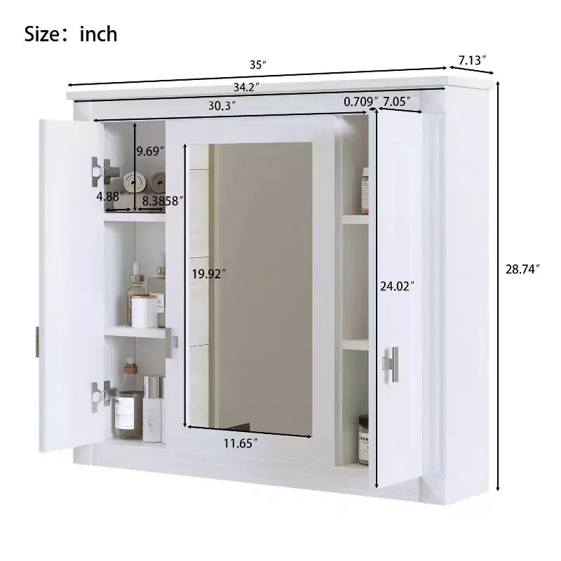 MAYEERTY 35 Armario de baño con botiquín con 5 estantes cerrados y ajustables Armario de almacenamiento de pared para baño con puertas de cristal blanco