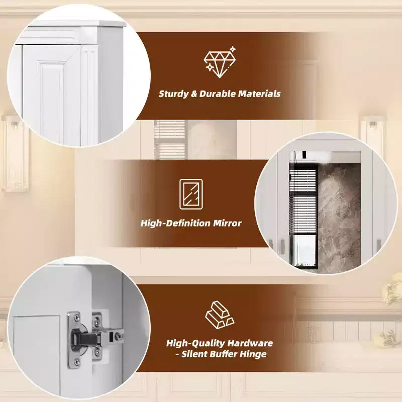 MAYEERTY 35 Armario de baño con botiquín con 5 estantes cerrados y ajustables Armario de almacenamiento de pared para baño con puertas de cristal blanco