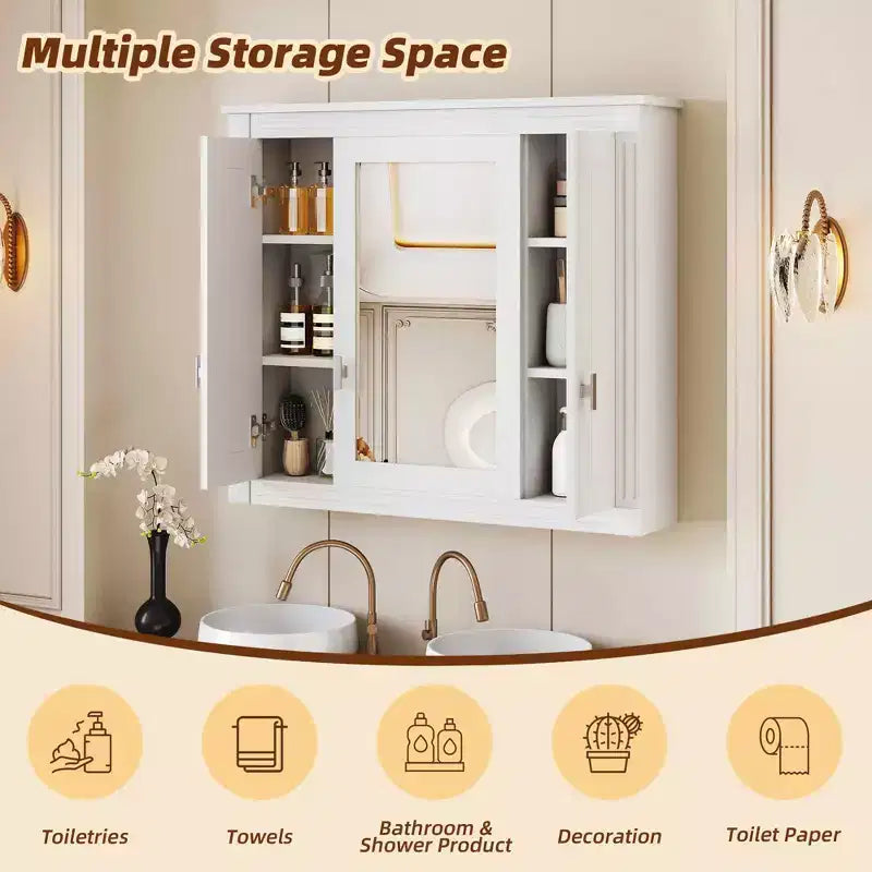 MAYEERTY 35 Armario de baño con botiquín con 5 estantes cerrados y ajustables Armario de almacenamiento de pared para baño con puertas de cristal blanco