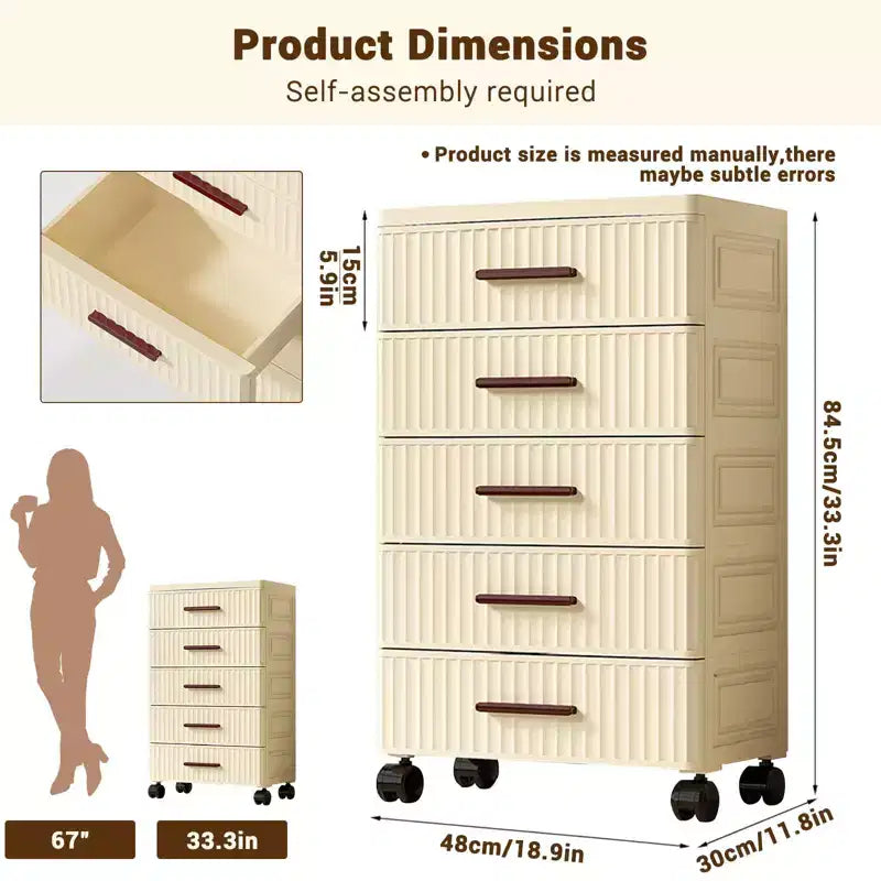 Armario de almacenamiento multifuncional de 5 niveles en crema - Organizador móvil para dormitorio y sala de estar con cajones para juguetes, libros, ropa y aperitivos