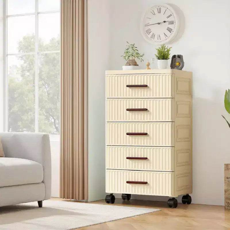 Armario de almacenamiento multifuncional de 5 niveles en crema - Organizador móvil para dormitorio y sala de estar con cajones para juguetes, libros, ropa y aperitivos