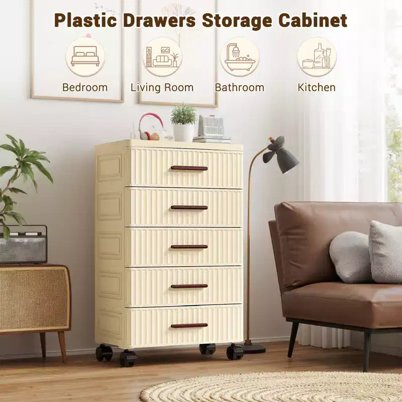Armario de almacenamiento multifuncional de 5 niveles en crema - Organizador móvil para dormitorio y sala de estar con cajones para juguetes, libros, ropa y aperitivos