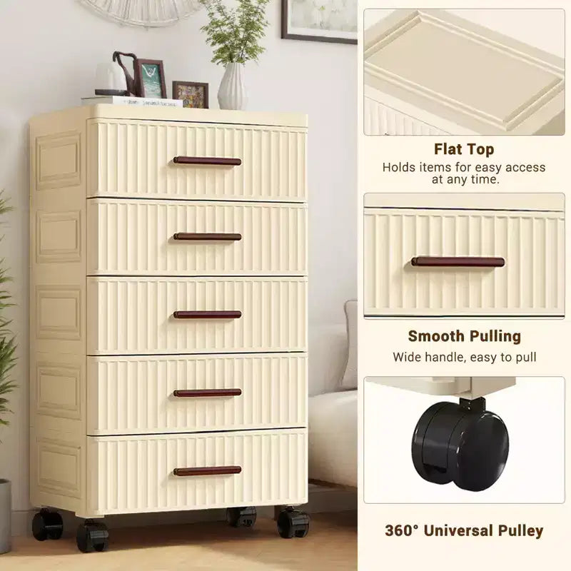 Armario de almacenamiento multifuncional de 5 niveles en crema - Organizador móvil para dormitorio y sala de estar con cajones para juguetes, libros, ropa y aperitivos