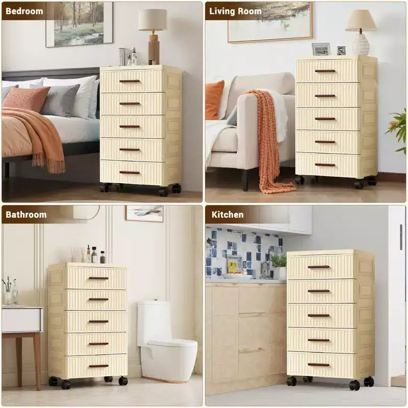 Armario de almacenamiento multifuncional de 5 niveles en crema - Organizador móvil para dormitorio y sala de estar con cajones para juguetes, libros, ropa y aperitivos
