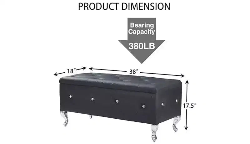 Banco otomana de almacenamiento, con asiento capitoné y patas de metal, banco de almacenamiento para dormitorio en cuero, banco otomana para sala de estar, dormitorio, negro
