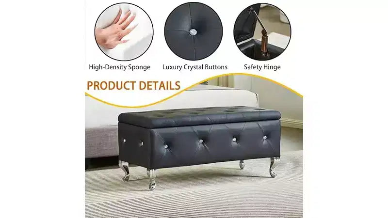 Banco otomana de almacenamiento, con asiento capitoné y patas de metal, banco de almacenamiento para dormitorio en cuero, banco otomana para sala de estar, dormitorio, negro