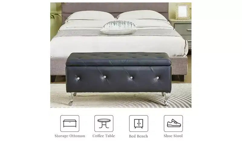 Banco otomana de almacenamiento, con asiento capitoné y patas de metal, banco de almacenamiento para dormitorio en cuero, banco otomana para sala de estar, dormitorio, negro