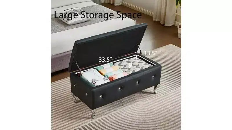 Banco otomana de almacenamiento, con asiento capitoné y patas de metal, banco de almacenamiento para dormitorio en cuero, banco otomana para sala de estar, dormitorio, negro