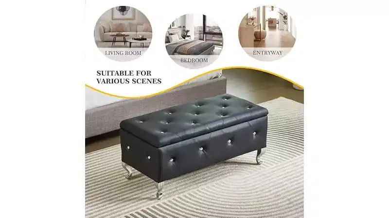 Banco otomana de almacenamiento, con asiento capitoné y patas de metal, banco de almacenamiento para dormitorio en cuero, banco otomana para sala de estar, dormitorio, negro