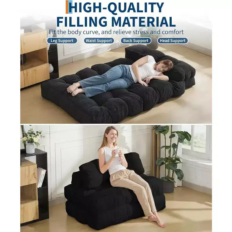 Sofá Cama Plegable 3 en 1, Sillón Cama Convertible con Almohada, Sillón Plegable Portátil, Cómodo Sofá de Suelo con Respaldo para Sala de Estar, Beige