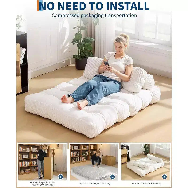 Sofá Cama Plegable 3 en 1, Sillón Cama Convertible con Almohada, Sillón Plegable Portátil, Cómodo Sofá de Suelo con Respaldo para Sala de Estar, Beige