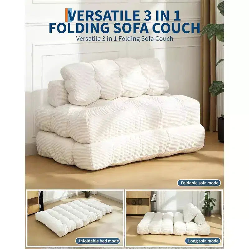 Sofá Cama Plegable 3 en 1, Sillón Cama Convertible con Almohada, Sillón Plegable Portátil, Cómodo Sofá de Suelo con Respaldo para Sala de Estar, Beige