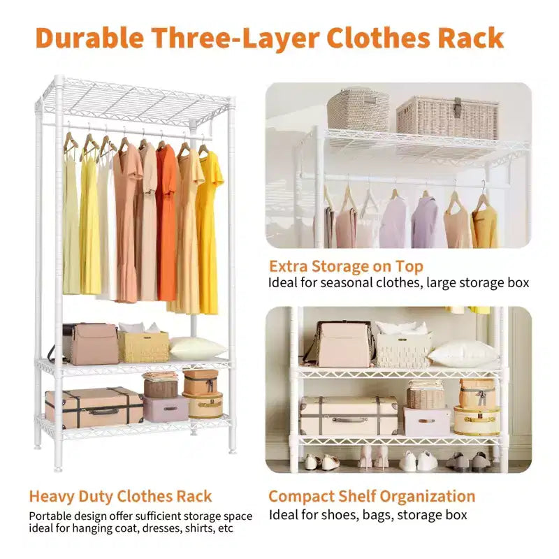 Perchero portátil de alta resistencia de 3 niveles con capacidad de 299 kg, organizador de ropa de metal blanco para apartamento/dormitorio